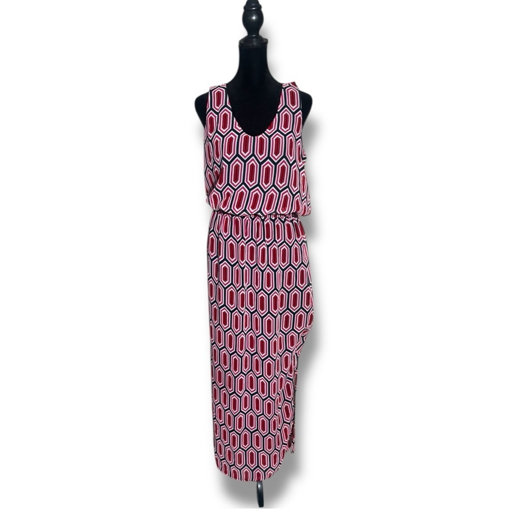 Banana Republic Red/White/Black Geometric Pattern Cutout Sleeveless Maxi Dress